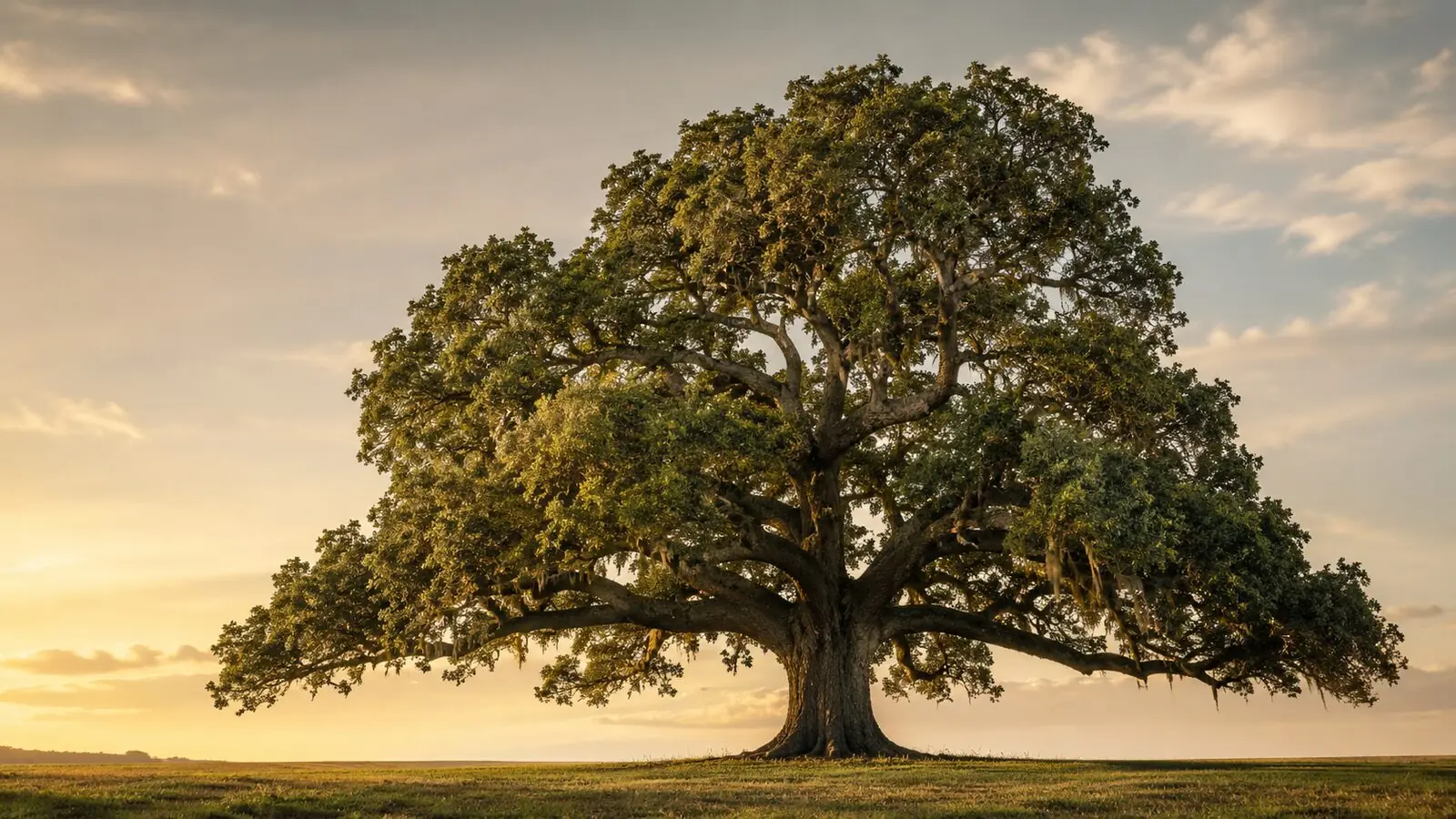 Majestic Southern live oak draped in Spanish moss at golden hour in Central Florida